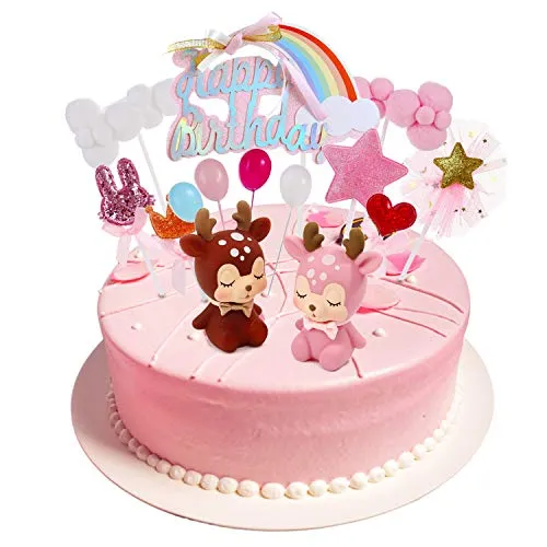 16Stück Tortendeko Geburtstag Mädchen Regenbogen Happy Birthday kuchendeko Sikahirsch Tortenaufleger Ballon Rosa Wolke Cupcake Topper Tortenstecker Tortenaufsatz für Baby Kinder Junge Party Dekoration