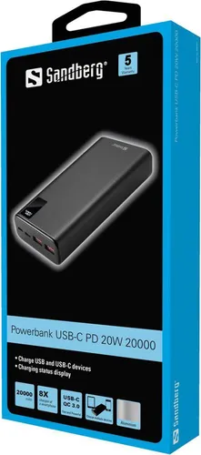 SANDBERG Powerbank 20000 mAh USB-C PD 20W schwarz