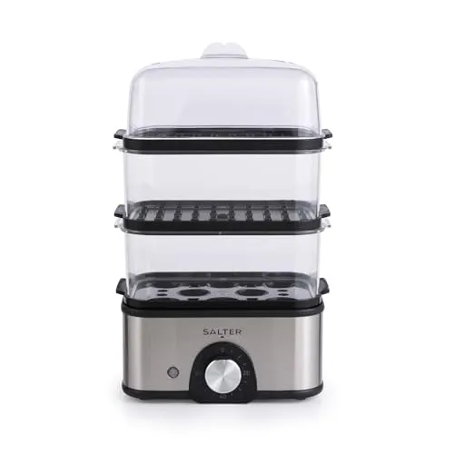 Salter Kompakter Dampfgarer, 3 Ebenen, 3 l, 500 W | 3 stapelbare Dampfgarbehälter, Eieraufsatz für 8 Eier, 60-Min.-Timer, platzsparend, für Gemüse, Fisch, Fleisch und Eier