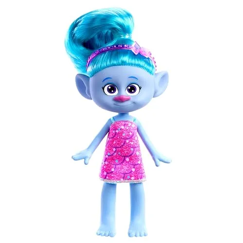Mattel DREAMWORKS TROLLS Gemeinsam Stark – Haarige Überraschungen Chenille Puppe mit leuchtend blauem Haar zum Stylen, lila Stirnband, für Kinder ab 3 Jahren, HNF15