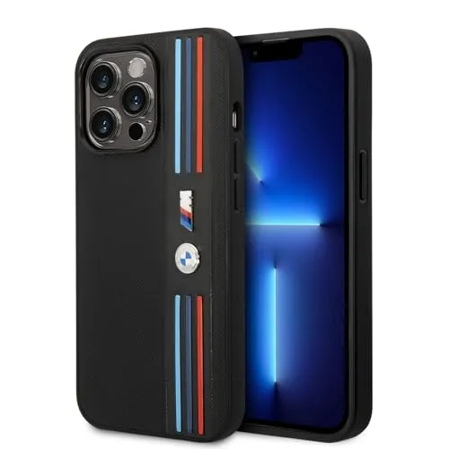 CG MOBILE BMW Handyhülle für iPhone 15 Pro - Schwarz Mesh Printed Tricolor Lines - Premium PU-Leder Handyhülle für iPhone 15 Pro, bietet stilvollen Schutz mit Easy Snap-on, Stoßdämpfung und präzisen Aussparungen für optimale Nutzung.