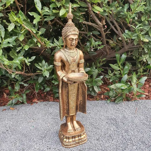 Gartenfigur Tempelwächter Buddha Figur mit Schale 76 cm in gold von Aspinaworld