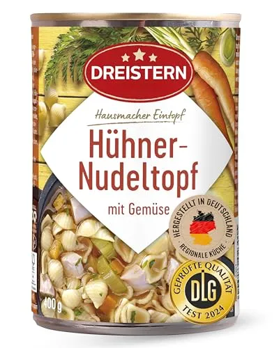 DREISTERN Hühnernudeltopf 400g I Mit Hühnerfleisch & Gemüse I Herzhafter Eintopf in recyclebarer Konservendose I Lange Haltbarkeit dank natürlicher Konservierung I Hausmacher Qualität