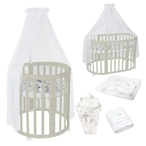 Waldin Babybett Mobiles Babybett OWAL 7in1 aus Holz mit Matratze - Vielseitiges Babybett 7in1 aus FSC-zertifiziertem Buchenholz, mit verstellbarer Bodenhöhe und sicherem Beistellbett. Ideal für Babys und Kleinkinder bis 36 Monate.