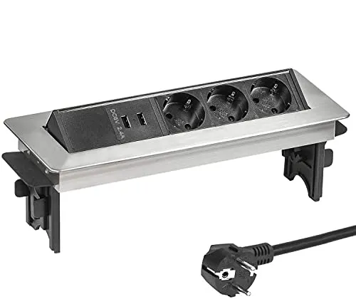 Elbe Inno Versenkbare Tischsteckdose für die Arbeitsplatte (3 Steckdosen & 2 USB), Mehrfachsteckdose mit Halbautomatischer Deckel für Büro, Einbausteckdose aus Aluminium in schwarz-grau Optik
