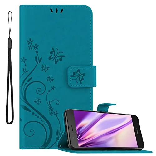 Cadorabo Hülle kompatibel mit Huawei P9 LITE 2016 / G9 LITE Blumen Design aus Kunst Leder Flip Klappbare Magnetische [Kartenfächern] Cover Hülle für Huawei P9 LITE 2016 / G9 LITE Tasche in Blau