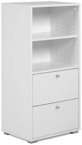 Finori Regal Fyn 20B - Modernes Weißregal mit Wandbefestigung - Stylisches Regal in Weiß, ideal für Wohnzimmer oder Hauswirtschaftsraum. Mit 2 offenen Fächern und 2 Schubkästen bietet es viel Stauraum und elegante Präsentation. Einfache Selbstmontage und pflegeleicht!