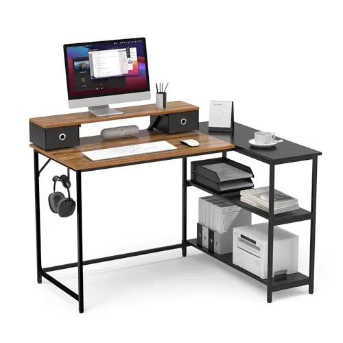 Mondeer L-förmiger Schreibtisch mit Regalen, abnehmbarer Monitorständer - Schreibtisch mit flexibler, reversibler Installation und 2 Schubladen für zusätzlichen Stauraum, ideal für Büro und Heimbüro.