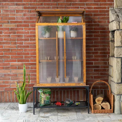 Produktbild QLS Mini Gewächshaus für Balkon aus Holz & Polycarbonat 80x42x121 cm