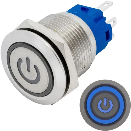 Edelstahl Drucktaster Flach Ø19mm Power LED Blau IP65 2,8x0,5mm Pins 250V 3A Van