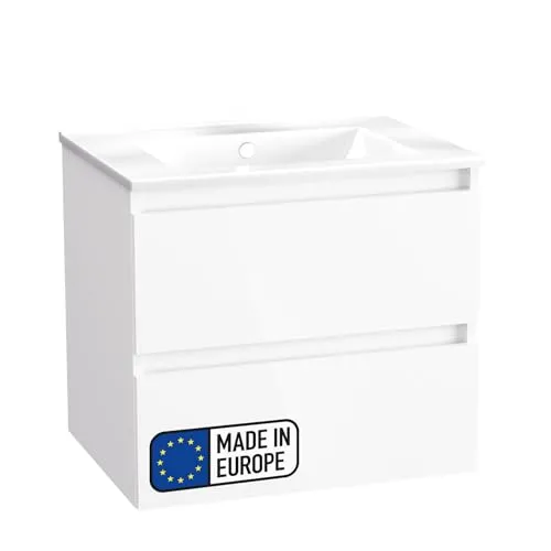 BADEDU GERS Waschbecken mit Unterschrank 60 cm breit, Weiß, Waschbecken Keramik Weiß