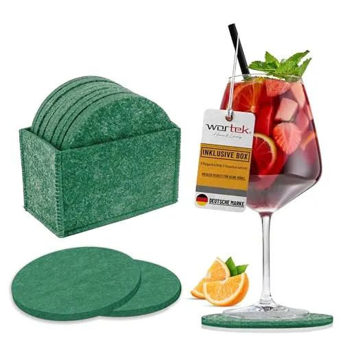 wortek Filzuntersetzer rund für Gläser – 10er Set mit Aufbewahrungsbox, Glasuntersetzer für Getränke, Tassen, Bar, Glas - Ø 10cm Tischuntersetzer Untersetzer Gläser Dunkelgrün
