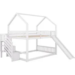 Etagenbett,140x200cm,Hochbett mit Stauraumtreppe und Rutsche, Hausbett, Kinderbett mit Geländer, geeignet für Kinder, Jugendliche,Weiß