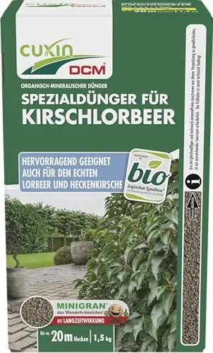 CUXIN DCM Spezialdünger für Kirschlorbeer 1,5kg - Ideal für die Pflege von Kirschlorbeer, fördert gesunde Pflanzen und glänzende Blätter. Auch für den kontrollierten Anbau geeignet. Reichweite: ca. 20 m Hecken.