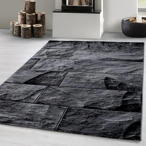 Carpetsale24 Teppich Wohnzimmer 240x340 cm Schwarz XL Modern Steinmauer Kariert Design Kurzflor für große Flächen Schlafzimmer Esszimmer Waschbar Pflegeleicht Extra Weich