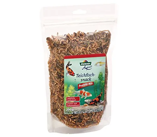 Dehner Aqua Teichfischsnack, Fischfutter Protein-Mix, Seidenraupen / Mehlwürmer / Gammarus / Heuschrecken, 200 g