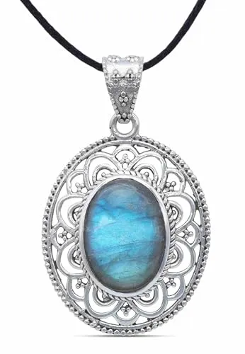 mantraroma Kettenanhänger 925 Silber Labradorit grün blauer Stein Edelstein Kettenanhänger Damen Sterling Silber Halskette Anhänger Geschenk (MAH-131-05)