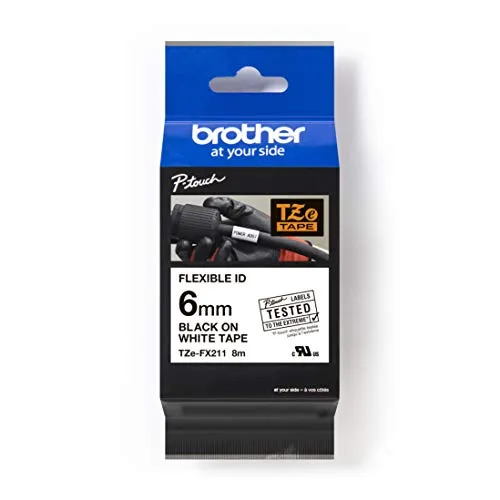 Brother Original P-touch Schriftband TZE-FX611 6 mm, schwarz auf weiß (u.a. für Brother P-touch PT-H100LB/R, -H105, -E100/VP, -D200/BW/VP, -D210/VP) zur Kabel- und Rohrbeschriftung, laminiert
