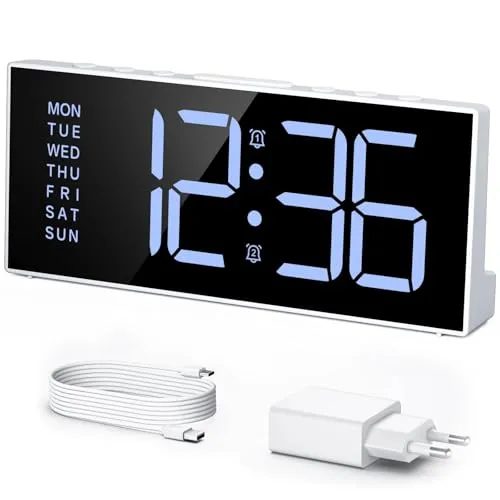 LATEC Wecker Digital, Digitalwecker mit 2 Alarme, Snooze, 3 Alarmzeiten, Digital Uhr mit 4 Helligkeitsstufen + AUS, 3 Lautstärkestufen, USB-Ladeanschluss, Netzbetrieben, Wecker Laut für Tiefschläfer