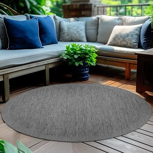 HomebyHome Outdoor-Teppich Flachgewebe Wetterfest Einfarbig Schwarz Küchenteppich, Balkon Terrassen Garten Wohnzimmer Teppich 200 cm Rund