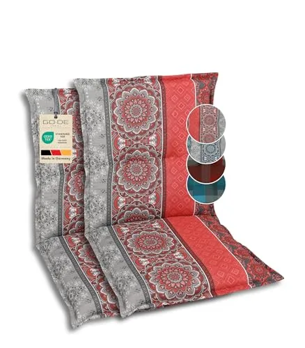 GO-DE Textil Sesselauflage Niederlehner 2er Set - Rot - Gartenmöbelauflagen mit hochwertiger Schaum-Vliesfüllung für maximalen Komfort. Ideal für stilvolle Akzente in Ihrem Außenbereich. Maße: 100 cm x 50 cm x 7 cm.