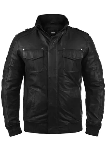 !Solid SDCamash Herren Lederjacke Bikerjacke Echtleder Jacke mit Stehkragen Eingrifftaschen Rippbündchen 100% Schafsleder Regular fit, Größe:XL, Farbe:Black (S9000)