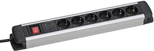 as - Schwabe Alu Überspannungsschutz-Steckdosenleiste – 6-fach Steckerleiste mit erhöhtem Berührungsschutz – Steckdosenleiste mit Schalter – Mehrfachsteckdose Innenbereich I 18356