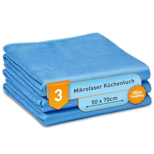 culiclean Ultra Mikrofaser Küchentuch Geschirrtuch Trockentuch 50x70 cm, blau, 3 Stück, Profipack, Waschbar, Saugfähig, Aufhänger - Polieren, Haushalt, Küche, Auto, Gastronomie Top Qualität