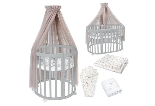 Waldin Babybett OWAL 7in1 aus Holz mit Matratze - Multifunktionales Babybett für 0-36 Monate, 5-fach höhenverstellbar und aus FSC-zertifiziertem Holz. Ideal als Beistellbett oder Laufstall, mit zusätzlichem Sicherheitsgurt und umwandelbar in Tisch und Stühle.
