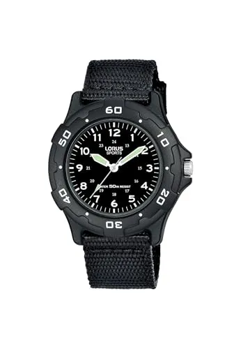 Lorus Kids RRX89FX9 - Schwarz Edelstahl und Textilband - Armbanduhren für Jungen mit Leuchtbeschichtung für ablesbare Zeit im Dunkeln und wasserdicht bis 5 BAR, ideal für aktive Kids.
