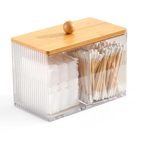Byfoyif Wattestäbchen Aufbewahrung Behälter, Transparente Wattepads Aufbewahrung mit Bambusdeckel Robustes Multifunktional Acryl Wattepadspender Badezimmer Wattestäbchen Organizer für Wohnzimmer