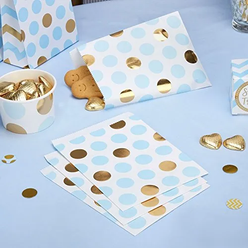 Papiertütchen Punkte hellblau gold 16,5 x 13 cm 25 Stück - Geschenktütchen Hochzeit Candy Bags Kindergeburtstag Mitgebsel Paper Bags Candy Bar Bonbontütchen Süßigkeiten-Tütchen Dots hellblau gold