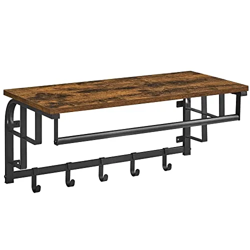 Vasagle Wandgarderobe LCR12BX, Vintage Metall/Holz mit Kleiderstange - Kreative 3-in-1 Wandgarderobe mit Ablage, Kleiderstange und 5 Haken, perfekt für rustikale Wohnräume. Stabiler Metallrahmen in schwarz, belastbar bis 15 kg.