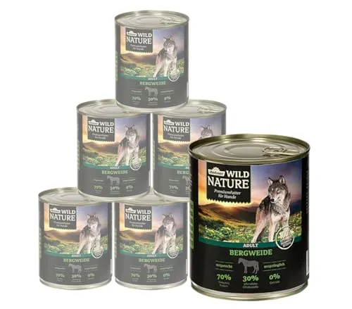 Dehner Wild Nature Hundefutter Bergweide - Getreidefreies Nassfutter mit 70% tierischem Protein und Pferdefleisch für ausgewachsene Hunde – artgerecht und 100% natürlich, ohne Zucker und chemische Zusätze.
