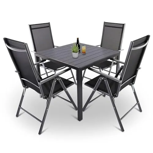 Raburg Gartenmöbel-Set, Moderne Sitzgruppe, 4 Stühle (klappbare Hochlehner) Tisch 90x90cm, wetterfestes Alu, Garnitur für Garten, Terrasse & Balkon, Norvey, Silber/Schwarz|Anthrazit-Schwarz