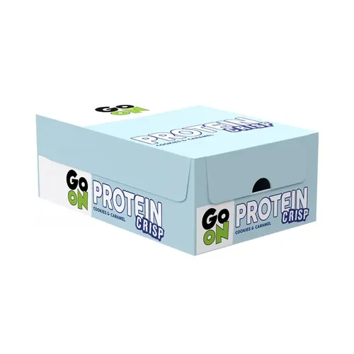 GO ON Protein Riegel Crisp - Kuchen Karamell 24 x 50g - Proteinriegel mit 20 % hochwertigem Eiweiß und ballaststoffreicher Rezeptur. Knusprige Textur und köstlicher Karamell-Keks-Geschmack, ideal für aktive Menschen.