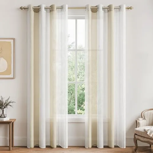 MRTREES Voile Gardinen Kurz Vorhang Halbtransparent Streifen Stores Schals mit Ösenschal Moderner Wohnstil Weiß+Khaki 225×140cm (H×B) für Dekoration Kinderzimmer Wohnzimmer Schlafzimmer 2er-Set