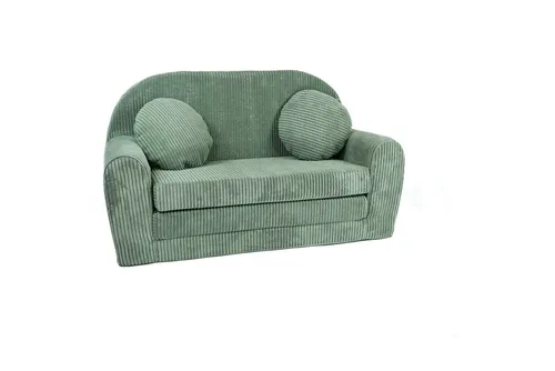 FORTISLINE Kindersofa Rosalia - Ausklappbares Cord-Sofa in Hellgrün - Sofas, handgefertigt und mit zwei Zierkissen, ideal für Kinderzimmer und zum Entspannen oder Spielen.
