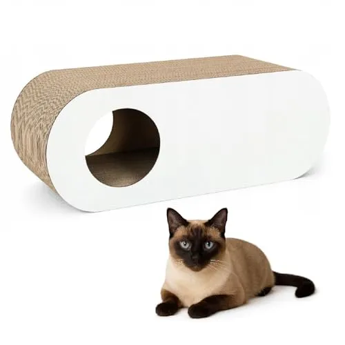 QLS Katzenmöbel aus Wellpappe & HDF – 75×27×29 cm - Kratzbrett, Katzenhöhle, Liegeplatz – Inkl. Katzenspielzeug & Katzenminze (Weiß)