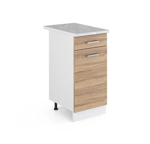 Vicco Unterschrank R-Line, Sonoma/Weiß, 40 cm mit Marmorplatte - Unterschrank für die Küche mit geräumigen Schubladen, höhenverstellbaren Füßen und robuster Melaminharzoberfläche – ideal für optimalen Stauraum und individuelle Anpassung.