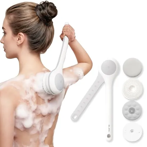 Elektrische Rückenbürste, Rückenbürste Gentle Exfoliating, Langstielige Duschbürste, Rücken Eincremehilfe für Women Men Senioren, Deep Cleansing for All Skin Types, Hygienic and Good Foam-Perl Weiß