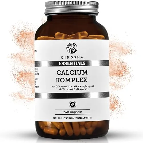 QIDOSHA® Calcium Komplex Kapseln - 240 Stk im Apothekerglas - Kalziumpräparate mit 4 synergistischen Calcium-Verbindungen für optimale Bioverfügbarkeit, hergestellt in Deutschland, 100% ohne Zusatzstoffe und in nachhaltigen Apothekergläsern.