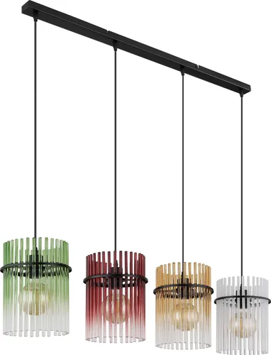 Pendelleuchte 4-flammig in Grün, Brombeer & Amber - Moderne Hängeleuchte für Esstische, mit einzigartigen Glasstäben und stimmungsvollem Licht. Ideal für elegante Wohnräume, sorgt für ein faszinierendes Farbspiel.