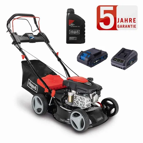 Scheppach Benzin Rasenmäher RM420AE – 3,5PS Hybrid-Start - Rasenmäher mit leistungsstarkem 3,5 PS Motor und Hybrid-Start. Inklusive integrierter Reinigungsfunktion und klappbarem Handgriff für einfache Nutzung und Transport.