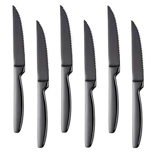 BISDARUN Steakmesser Set mit scharfem Wellenschliff Edelstahl 6-teilig Tafelmesser Schwarz Fleischmesser Steak Knives Set Länge 22 CM/8,66 Inch