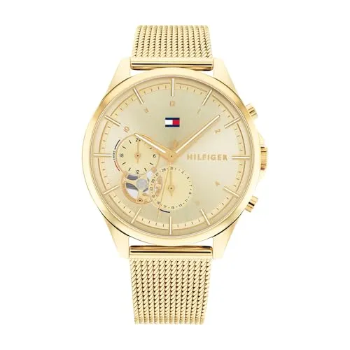 Tommy Hilfiger Multi Zifferblatt Quarz Uhr für Damen - Elegante Armbanduhr mit Multifunktions-Quarz-Uhrwerk, champagnerfarbenem Zifferblatt und goldfarbenem Edelstahl-Mesh-Armband, wasserabweisend bis 3 bar - perfekt für jeden Anlass.