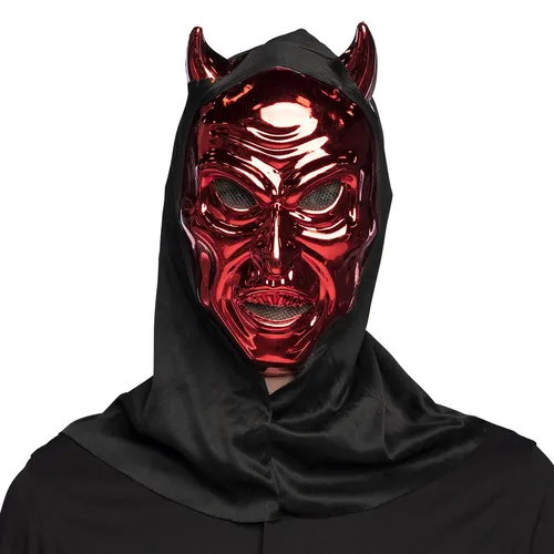 Maske Teufel mit Kapuze rot Teufelmaske Halloween rot Erwachsene mit Kapuze
