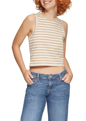 QS Muskelshirt T-Shirt Gestreiftes Top aus Baumwolle beige M (38)