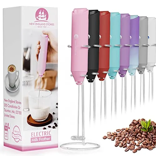 Elektrischer Milchaufschäumer Handheld, batteriebetriebener Schneebesenschlägel Schaumstoff Maker für Kaffee, Cappuccino, Latte, Matcha, heiße Schokolade, MiniGetränkemixer mit Edelstahlständer –