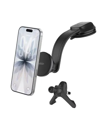 Belkin Kfz Ladegerät Kabellos, Handy Autohalterung mit Ladefunktion, MagSafe Kompatibel, USB-C-Kabel, Induktive Ladestation Auto für iPhone 17, Galaxy S25, Pixelsnap usw., Qi2 Schnellladen – Schwarz